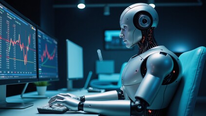 Futuristic robot analyzing cryptocurrency data in a modern digital setting Digital Art Minimalist