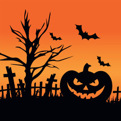 Fototapeta premium Halloween flyer. Halloween pumpkins and bats. Silhouette banner design template. Vector illustration.