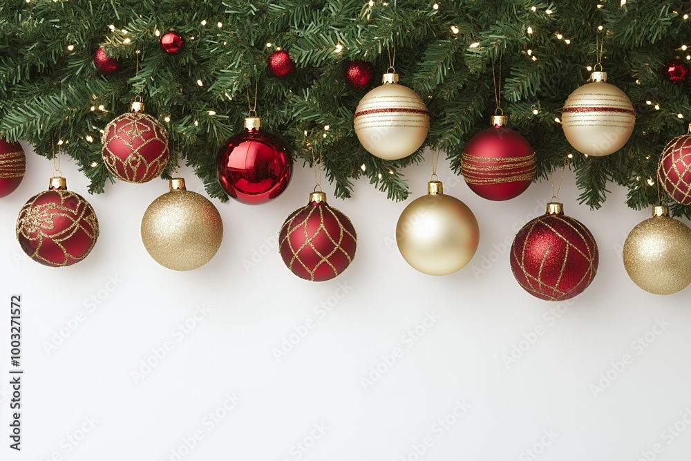 Wall mural Red and gold Christmas ornaments hanging from a green garland on a white background.