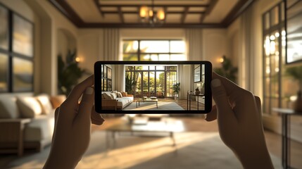 photograph of large renovated home interior Property owner or estate agent uses wide angle camera on smart tablet to take photo or give walkthrough video tour about new apa