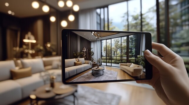 photograph of large renovated home interior Property owner or estate agent uses wide angle camera on smart tablet to take photo or give walkthrough video tour about new apa