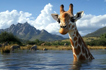 Obraz premium 3D-rendered wildlife reserve, with digital animals roaming freely in a fully modeled ecosystem, showing conservation efforts in action