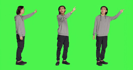 Person indicating left or right directions on camera, pointing to both sides and recommending...
