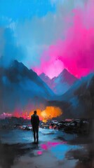 Adventurous of a Dreamlike Mountain Landscape Enveloped in Vibrant Clouds and Ethereal Light