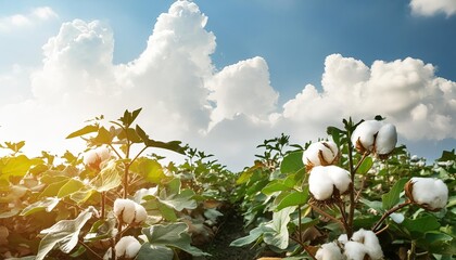 cotton plantation. Blue sky and white clouds on background. flowers of fluffy cotton close up