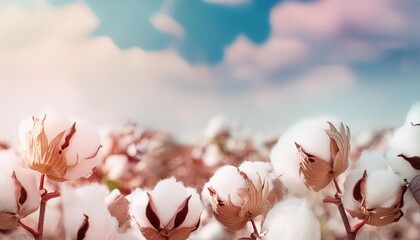 cotton plantation. Blue sky and white clouds on background. flowers of fluffy cotton close up