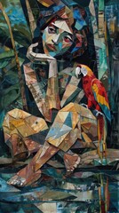 Obraz premium Cubist Painting of Parrot and Rainforest Pond with Fragmented Geometric Forms