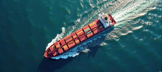 Aerial view on large commercial freighter transports a wide variety of goods on oceans around the world on sea routes
