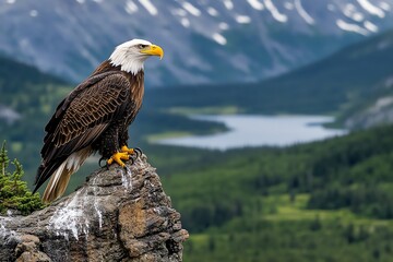 A bald eagle perched on a cliffside, overlooking a vast wilderness with forests, lakes, and mountains stretching out below