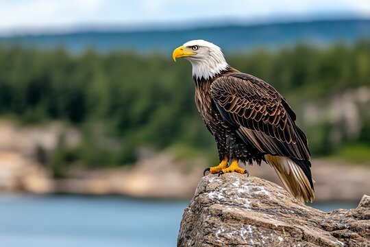 A bald eagle perched on a cliffside, overlooking a vast wilderness with forests, lakes, and mountains stretching out below