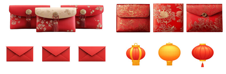 Elegant red envelopes and lanterns, perfect for celebrations and gifting. These traditional designs feature floral patterns and intricate details, symbolizing good fortune