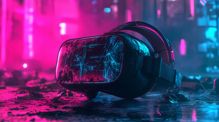 Virtual reality headset discarded broken screen cyberpunk dystopia dark neon colors futuristic horror. Cyberpunk Dystopia. Illustration