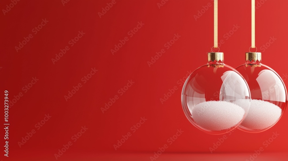 Poster Two glass ornaments hanging from a red background