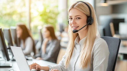Smiling blonde woman, headset, working in modern, bright call center office, professional customer support concept