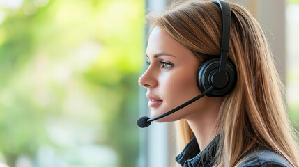 Call center employee with headset, focused customer service representative, in modern office, support concept