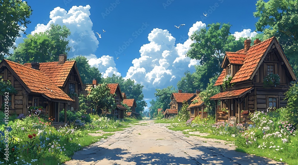 Wall mural Sunny Day in a Quaint Village with Cobblestone Road and Cute Wooden Houses