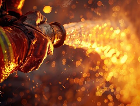 Firefighter s Hands Gripping High Pressure Water Hose Extinguishing Flames with Powerful Water Stream
