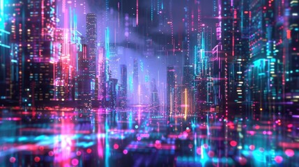 Fototapeta premium Jubilant Digital Stream of Vibrant Neon Hued Particles Flowing Through a Futuristic Cityscape