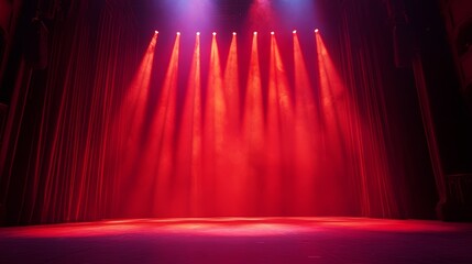 Empty theater stage with red spotlights illuminating the floor, creating a dramatic atmosphere, ready for an entertainment show or performance