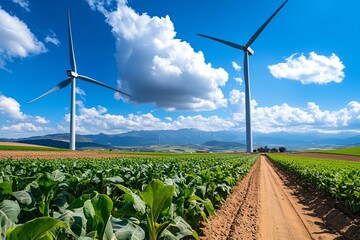 A clean energy rural project with a wind turbine farm, blending with the natural landscape and modern agricultural technology