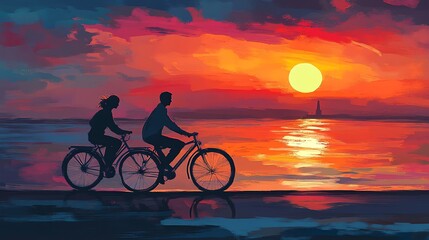 Obraz premium Silhouettes of a couple cycling on a beach at sunset.