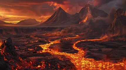 Fototapeta premium Mesmerizing Molten Flows A Fiery Volcanic Landscape Ablaze with Crimson Lava and Dramatic Lighting