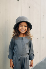 Fashion editorial portrait young little girl kid child wearing grey gray denim jumpsuit and bucket hat outside next to concrete wall during fall autumn in the city 