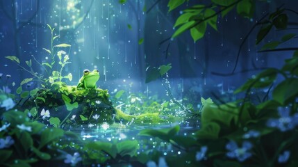 Fototapeta premium Mystical Neon Frog Resting on Dewy Podium in Enchanted Forest Landscape