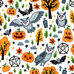Fototapeta premium Seamless pattern of Halloween characters, Children flying white owls among autumn pumpkin