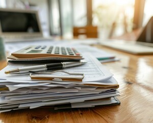 Neatly Organized Financial Documents and Statements on Oak Desk with Calculator