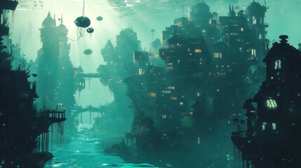 Otherworldly Underwater City with Floating Architecture and Luminous Structures