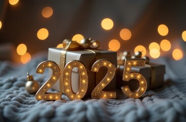 Golden gift box with red bow on cozy knitted background with text "2025", Christmas and New Year holidays concept