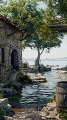 Fototapeta premium Picturesque Coastal Hamlet with Rustic Architecture and Serene Waterfront