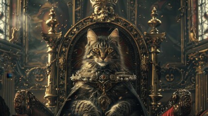 Fototapeta premium Regal Feline Ruler Issuing Decree from Ornate Throne in Surreal Fantasy Scene