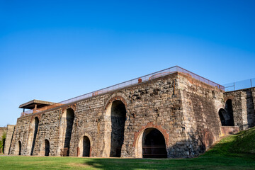 View of the ruined Scranton Iron Furnaces stone facade in Pennsylvania