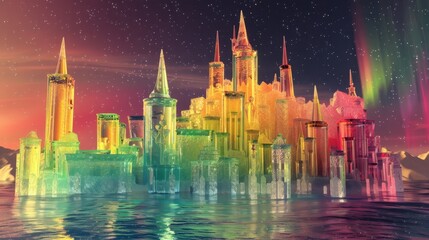 Obraz premium Shimmering Fruit Infused Ice Castles Illuminated by Celestial Lights in Surreal Landscape