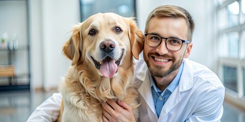 Smiling Veterinarian Petting a Healthy Golden Retriever in a Modern Veterinary Clinic