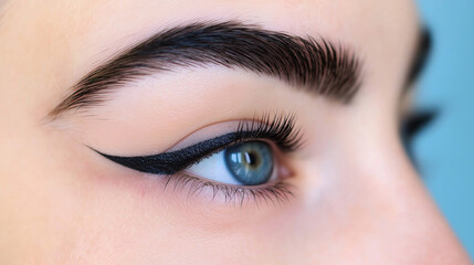 Obraz premium Beautiful young woman , makeup , clean skin. Makeup artist , eyelashes with mascara in a beauty salon . Eyelash extension , beautiful eyebrows