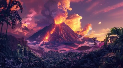 Fototapeta premium Stunning Volcanic Eruption in Lush Tropical Landscape with Dramatic Skies and Swirling Smoke