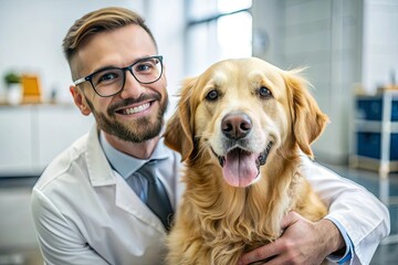 Smiling Veterinarian Petting a Healthy Golden Retriever in a Modern Veterinary Clinic
