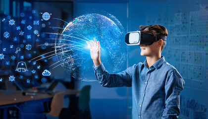 School student with VR headset using AI artificial intelligence technology & machine learning