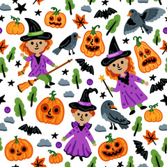 Seamless pattern of Halloween characters, Children in funny and scary witch, pumpkin and crow costumes background