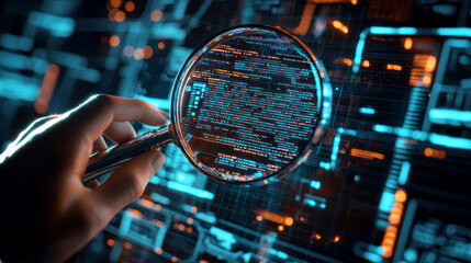 Hand holding magnifying glass over digital code interface, symbolizing data analysis, quality assurance, software testing and debugging