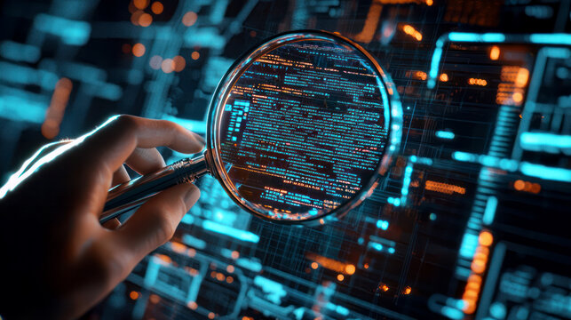 Hand holding magnifying glass over digital code interface, symbolizing data analysis, quality assurance, software testing and debugging
