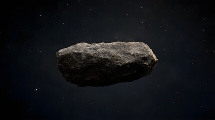 a dark, elongated object that resembles an asteroid or a large rock floating in space. It has an irregular, rough surface and is set against a dark background, suggesting it is in outer space