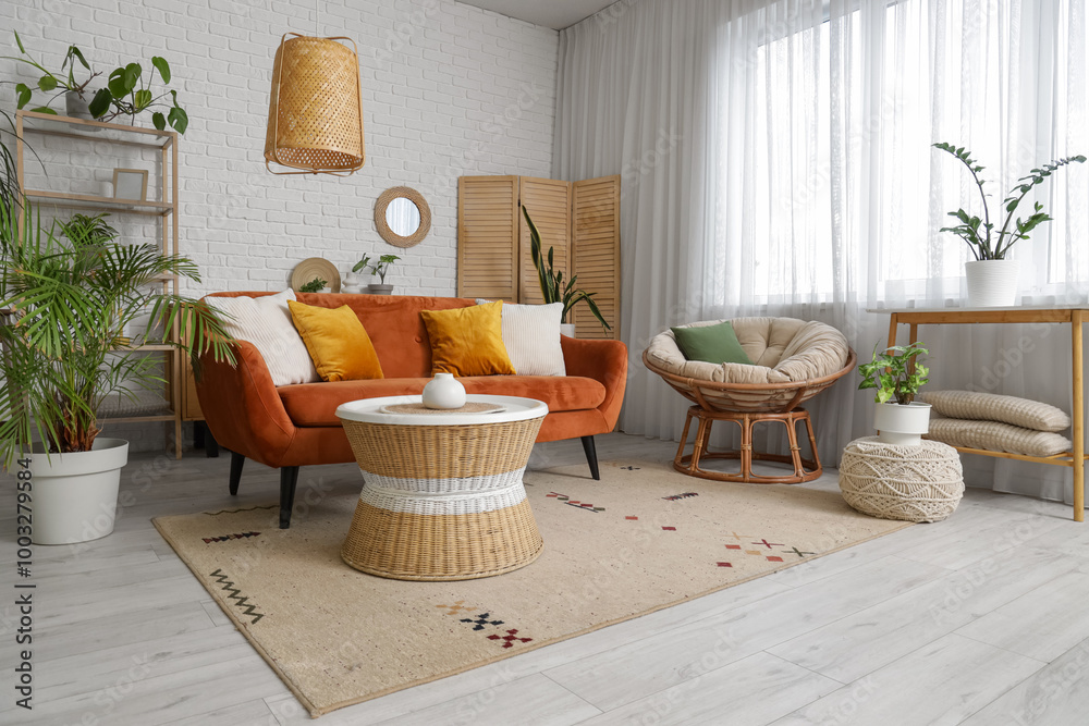 Poster Interior of living room with mirror, red sofa and plants