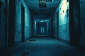 Abandoned insane asylum corridor, with copy space