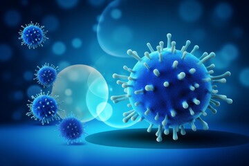 Obraz premium Flu virus illustration on a blue glass background showcasing its structure and characteristics