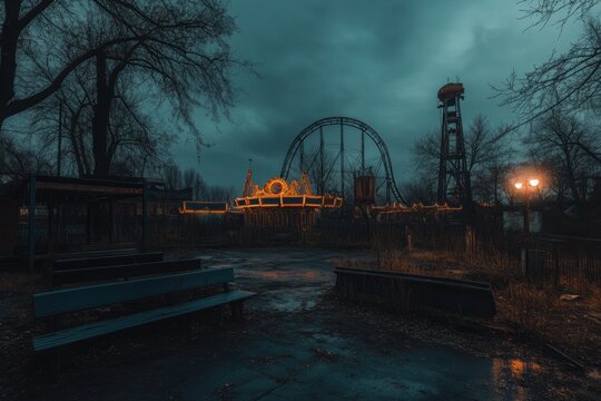 Abandoned theme park structures, with copy space