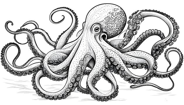 recommend clip art: Intricate Line Art of a Defensive Octopus with Curled Tentacles on a White Canvas